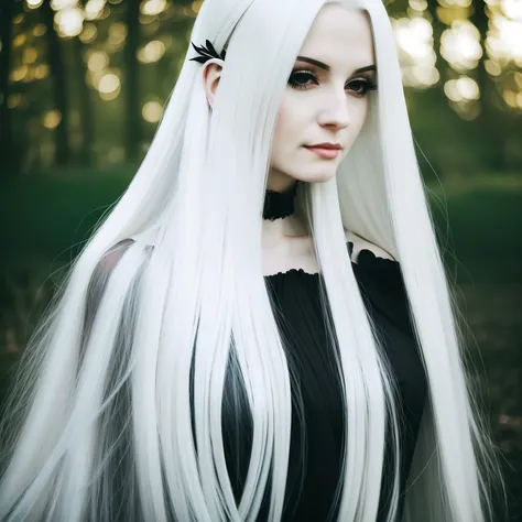 a woman with long white hair and a black dress, pale goth beauty, pale hair, with white long hair, with long white hair, intense...