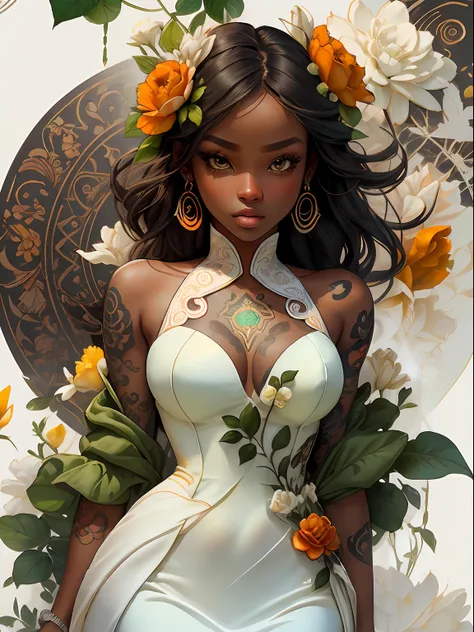 Green: 1.5, Orange: 1.1, White: 1.3, Yellow: 1.3, (Dark-skinned woman), Sexy, Tattoos, (power puffer clothes: 1.2), White and red prom dresses,Flowers, Leaves, Mist, Lines, background circles