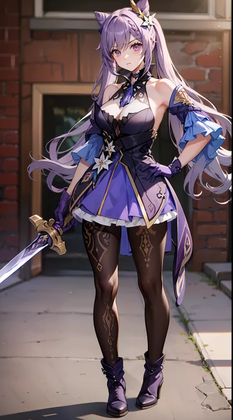 gorgeous hair in long purple，sexy tights，purple gloves，black pantyhoses，boots，with a sword，tmasterpiece，full bodyesbian