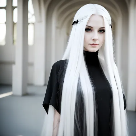 a woman with long white hair and a black dress, full body, pale goth beauty, pale hair, with white long hair, with long white ha...