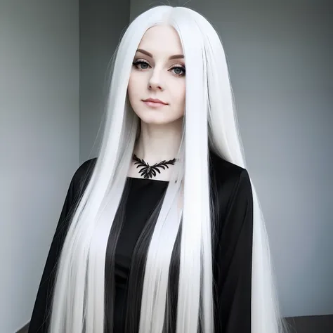 a woman with long white hair and a black dress, full body, pale goth beauty, pale hair, with white long hair, with long white ha...