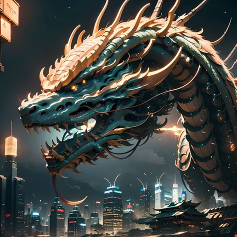 A mecha dragon,Mecha Chinese dragon,A technology background that is ahead of the future,Domineering,multiple lighting sources,Complex structures,Cyber city background,Buildings,the night,with light glowing,((tmasterpiece,best qualtiy)),illustration,Ultra-d...