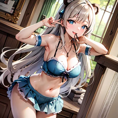 (bend over:1.4),(tmasterpiece:1.2,best qualtiy),(Real pictures,intricately details),1girll,独奏,absurderes,cowboy lens,standing on your feet,exteriors,:3,ssmile,bear girl,Bear ears,((light pink dress)),frilld,very detailed dress,white thighhig,platinum blond...