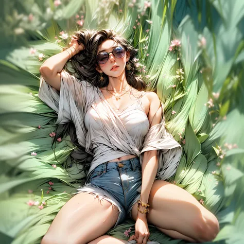 masterpiece1.3,High picture quality,detailed detail,Advancedsense,Full body photo of a young girl,Teenage girl in sunglasses,real photograph,dynamic angle,Shishi Japan of Girls,street photos,Sky blue ripped denim shorts,Cartoon character shirt and white ga...