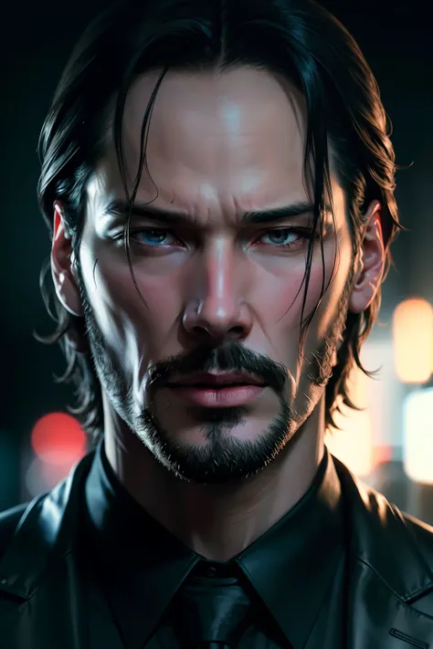 Keanu Reeves John wick frontal face close up portrait, cold neon lights, neon noir, masterpiece, best quality, photorealistic, ultra detailed.
