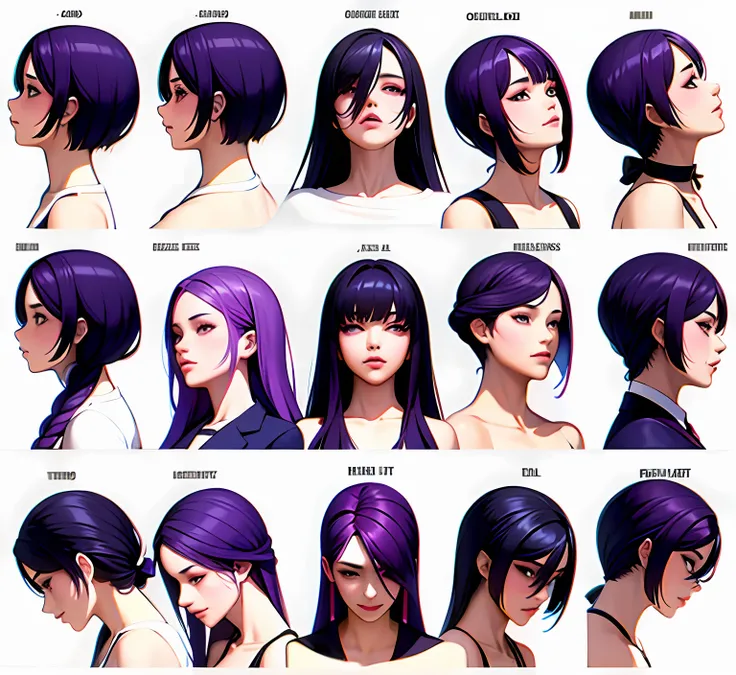 ((1girl)), lexaiduer,office lady, violet hair, beautiful, character turn around, manhwa style, smooth skin, ((masterpiece)), sof...