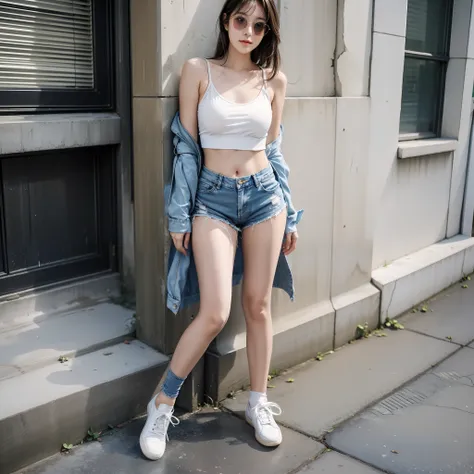 masterpiece1.3,High picture quality,detailed detail,Advancedsense,Full body photo of a young girl,Teenage girl in sunglasses,real photograph,dynamic angle,Shishi Japan of Girls,street photos,Sky blue ripped jeans,white camisole,No bra,Delicate legs,Leaky s...