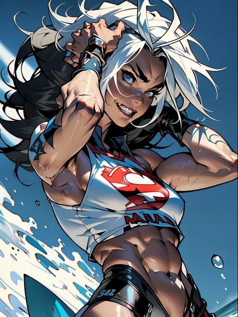 A muscular 35-year-old warrior woman almost naked in the Simon Bisley style for the cover of Heavy Metal magazine, clothing with the design of a sharks mouth as in the P-40, hair half black half white, Minimum clothing,
