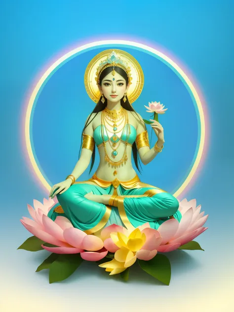 in the void, there is a beautiful virgin sitting leisurely in the lotus，five-color sky，perfect body posture，delicate and radiant...