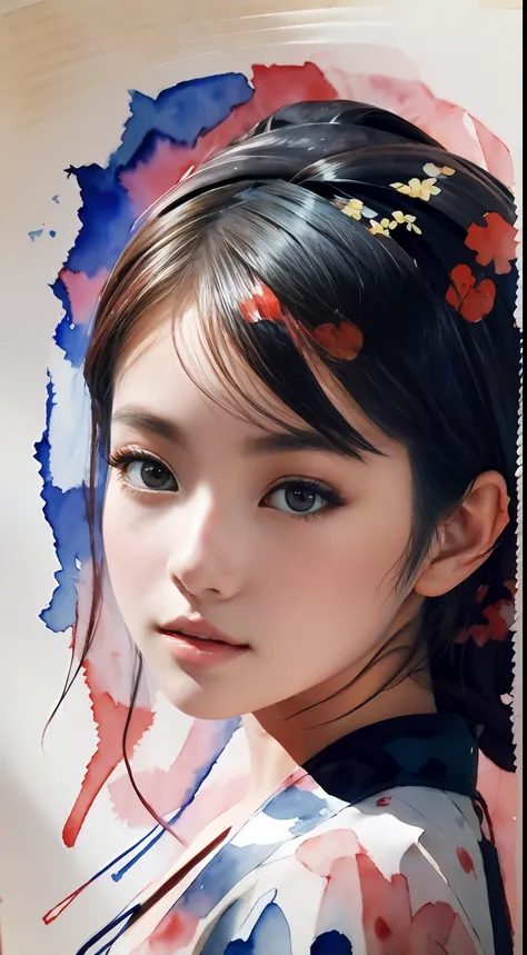 twenty year old girl、silhouette touch、watercolor paiting、a detailed face、