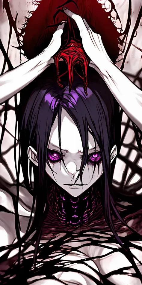 "(Horror psycho pose) Seductive and chilling eldritch anime girl with a touch of madness."