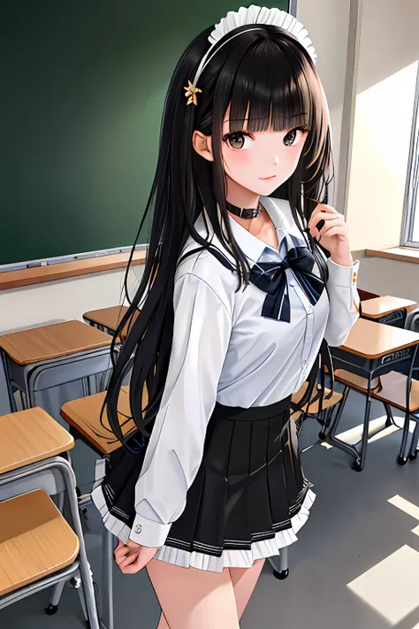 masterpieces,best quality,1girll,long hair,black hair,blunt bangs,side locks,school uniform,collar,short frilled skirt,cowboy sh...