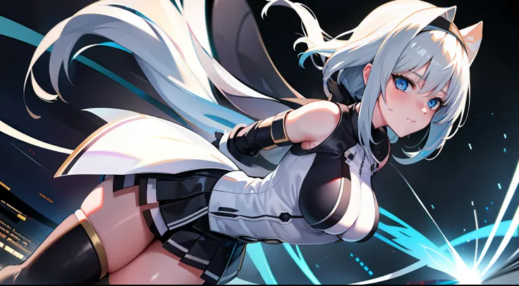 (ultra extreme details),(masterpeace),(hyper extreme),(Photorealistic),CG,(colours:1.2),1girll, Solo, Haruka Takamori, Blue eyes, White hair, white hair ribbon, magical little girl, white apparel, white thigh highs, White skirt, moderate breast, Look at th...