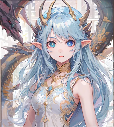 tmasterpiece，best quality at best，a girl，pale light blue hair，heterochromic pupils，dragon's horn，pale yellow skirt，big sword