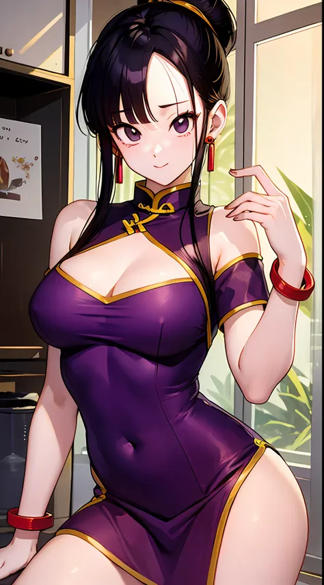 tmasterpiece，Best quality at best，Highest quality，Perfect anatomy，s the perfect face，perfect  eyes，1girl，dbzch1ch1，Lateral hair，By bangs，(Off-the-shoulder attire:1.3)，single hair bun，hair-bun，（黑The eye），Orange cashmere wrapped，Red spherical earrings，Red wr...