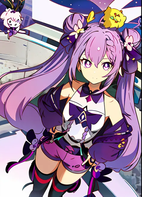 1girll, standing, view the viewer, hands on hips
keqing (genshin impact), hair-bun, purple hair, double tails, purple eyes, diam...