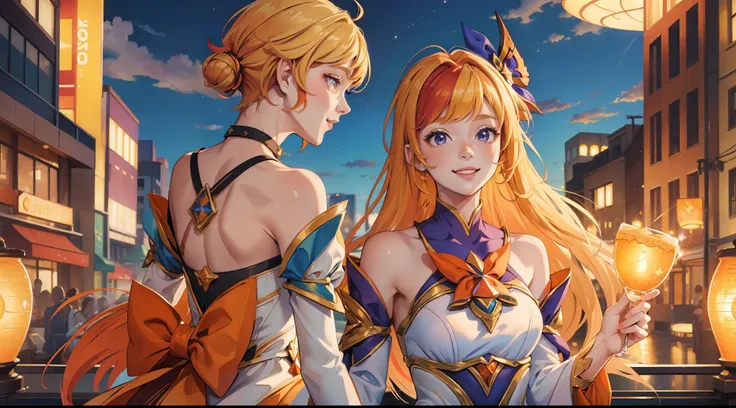 (masterpiece:1.4), (best quality:1.2), star guardian seraphine, blonde hair, orange hair, multicolored hair, multicolored clothi...