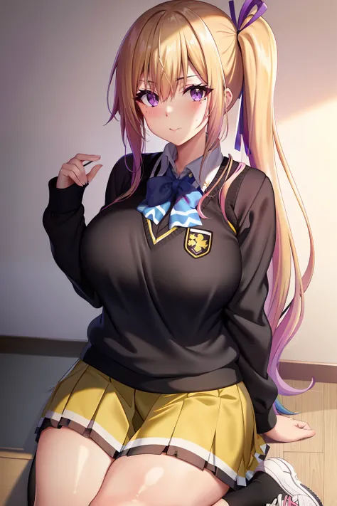 kawakami_mai, blonde hair, side ponytail, purple eyes, long hair, bangs, gradient hair, dark mole,
large breasts, school uniform...