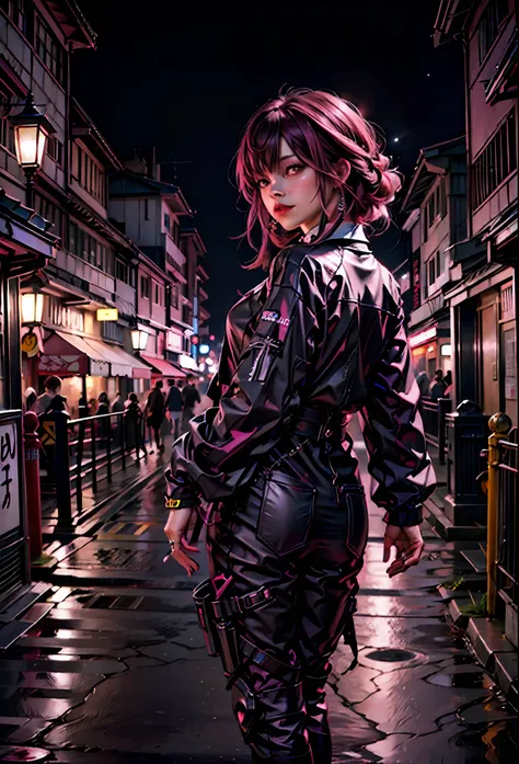 black pink ,Sexy girl with pink hair, pink eyes , in the background japanese city at night,next to a lamborghini
