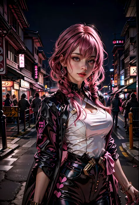 sexy girl with pink hair, pink eyes , revealing clothes, in the background japanese city at night,next to a lamborghini