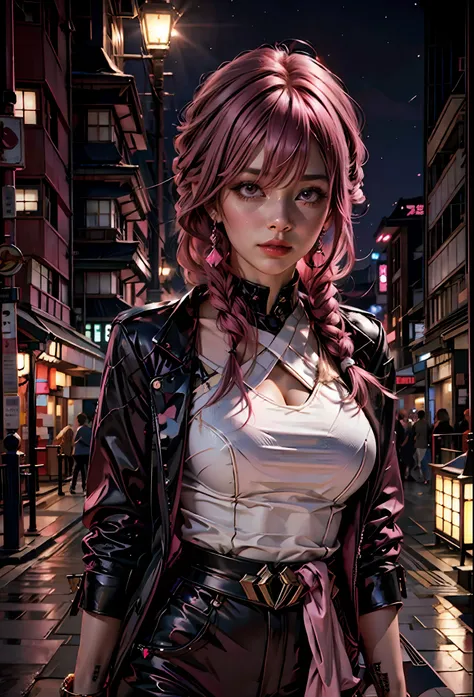 sexy girl with pink hair, pink eyes , revealing clothes, in the background japanese city at night,next to a lamborghini