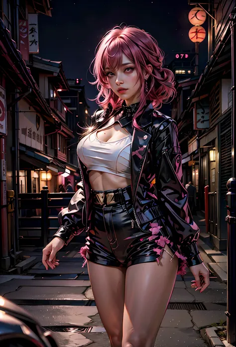 Sexy girl with pink hair, pink eyes , Revealing clothes, in the background japanese city at night,next to a lamborghini