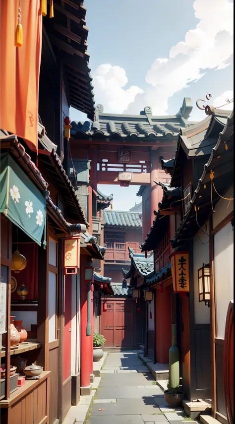 There is a wide street,In the background is a red building, Chinese house number, dreamy Chinese towns, Chinese streets, A traditional Chinese city, Beautiful rendering of the Tang Dynasty, Chinese city, Chinese Village, old asian village, Ancient Chinese ...