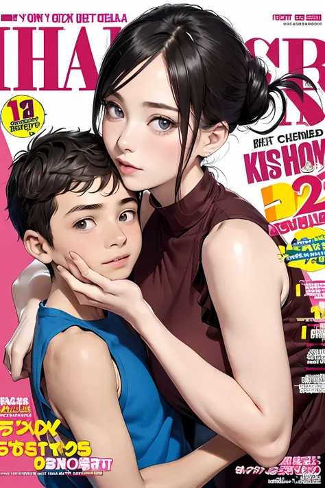 (colorful adult magazine cover with lots of text)，(close-up:1.2)，pajamas， 1girl，grasp by hand，(mother and son:1.5)，(kiss:1.2)，(a...