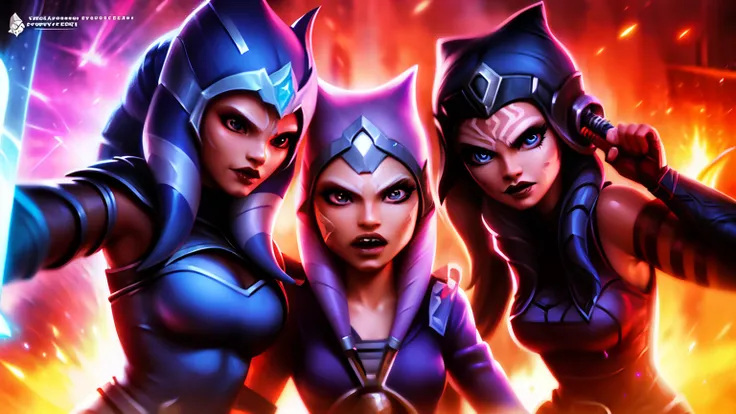 three female characters in a battle with a sword and a helmet, jazza and rossdraws, league of legends style art, official splash art, league of legends art style, rossdraws and jazza, splash art brawlstars, league of legend illustration, league of legends ...