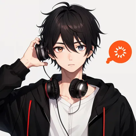 1boy，black hair，黑the eye，with headphones on