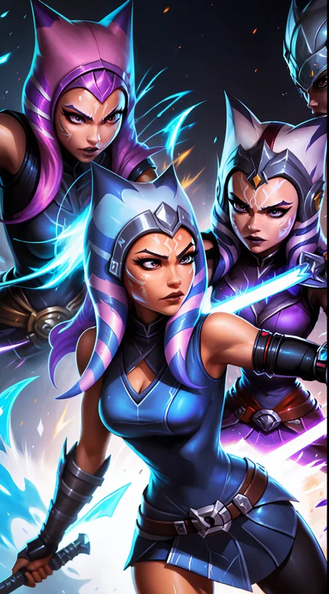 three female characters in a battle with a sword and a helmet, jazza and rossdraws, league of legends style art, official splash art, league of legends art style, rossdraws and jazza, splash art brawlstars, league of legend illustration, league of legends ...