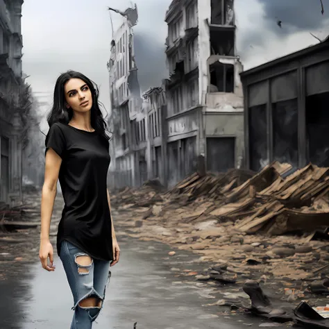 wwone, (solo middle eastern 26 years old girl), wearing a (black baggy plain tee-shirt, long length tee-shirt, skinny damage lon...