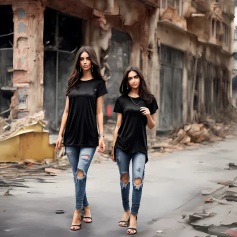 wwone, (solo middle eastern 26 years old girl), wearing a (black baggy plain tee-shirt, long length tee-shirt, skinny damage lon...