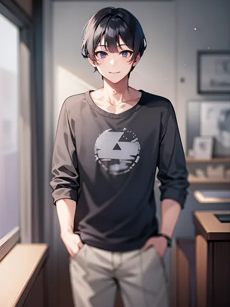 1 boy standing in the room，with short black hair，the light is pale，with a smile，dressed in casual attire