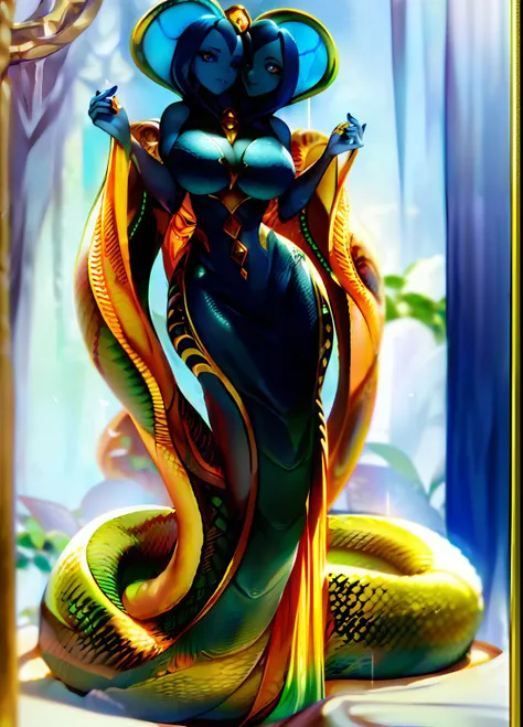 large eyes, anthro, snake hood, ((solo)), beautiful scene of an (furrycobra snake), posing, forked tongue, blue skin, dark blue scales, naga ((detailed face, detailed big clear eyes)), natural soft lighting, 8k, seductive, summer , peaceful , hires, Golden...