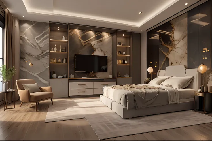 ultra realistic, masterpiece, best quality, super detailed, ultra high res, raw photo, 8k, a modern bedroom with light grey, (fa...