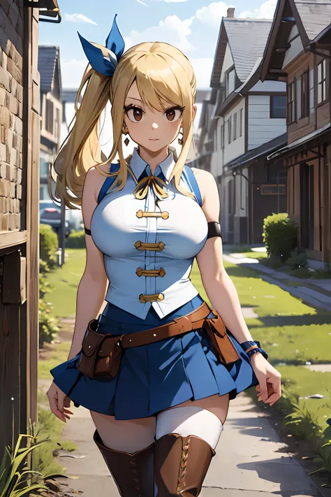 asterpiece, best quality, highres, lucy heartfilia, blonde hair, long hair, side ponytail, blue ribbon, large breasts, earrings,...