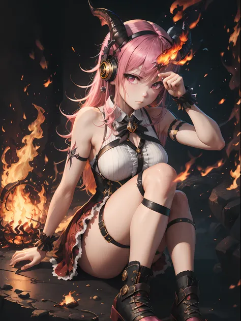 ​masterpiece、top-quality、Hi-Res、Aloe 1、女の子1人、独奏、Spiky ears、multicolored hair、Asymmetrical corners、demonic horns、hair adornments、a blond、Chest Harness、thigh-high socks、Long、Asymmetrical legwear、A pink-haired、sleeveless、Bare shoulders、Devils Tail、thigh strap...