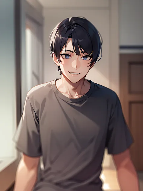 1 boy standing in the room，with short black hair，the light is pale，with a smile，dressed in casual attire