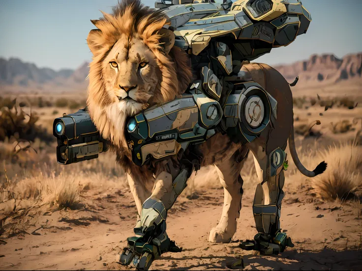 arafed lion with a camera strapped to its back, robot lion, mecha animal, caracal cyborg, 2 d full body lion, lion warrior, wins...