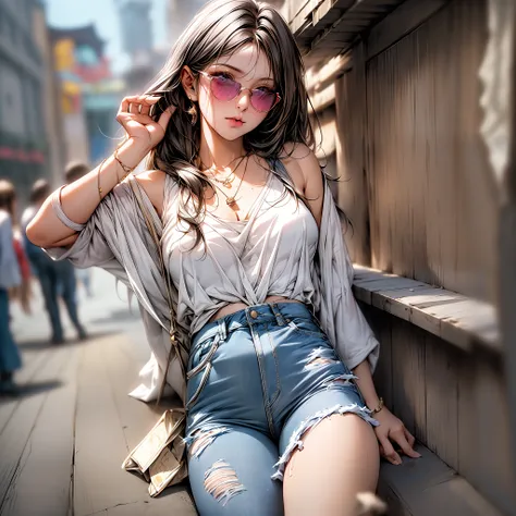 masterpiece1.3,High picture quality,detailed detail,Advancedsense,Full body photo of a young girl,Teenage girl in sunglasses,real photograph,dynamic angle,Shishi Japan of Girls,street photos,Sky blue ripped denim shorts,White cartoon character shirt,No bra...