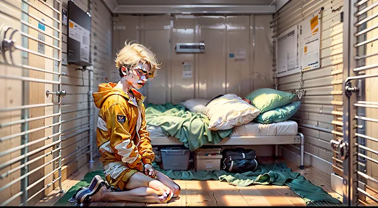 A 15-year-old male prisoner is held in a juvenile prison,He has blonde hair,eBlue eyes,Wearing an orange one-piece prison suit、White sport stockings and black flip-flops。He looked melancholy,Alone in the confinement cell of the prison。The confinement room ...