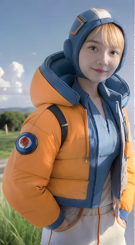 1girl in, (Smile),  operating machine, Solo, Wattson, masutepiece, Highly detailed, Blue eyes, Detailed eyes, expressive detailed eyes, wide eyed, Blonde hair, Short hair, Orange jacket,  Blue shirt, blue top, Blue skinsuit, White pants,( Blue hood:1.4)、bl...