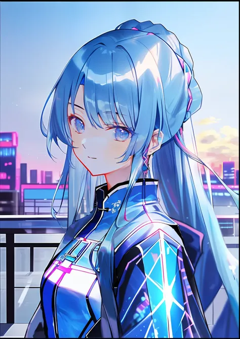 best quality, masterpiece, 超高分辨率, 1girll, blue hair, cyberpunk, holograph, transparent, city, toplight, view the viewer, very lo...