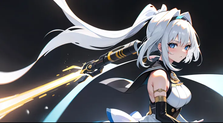 (ultra extreme details),(masterpeace),(hyper extreme),(Photorealistic),CG,(colours:1.2),1girll, Solo, Haruka Takamori, Blue eyes, White hair, white hair ribbon, magical little girl, white apparel, white thigh highs, White skirt, moderate breast, Look at th...