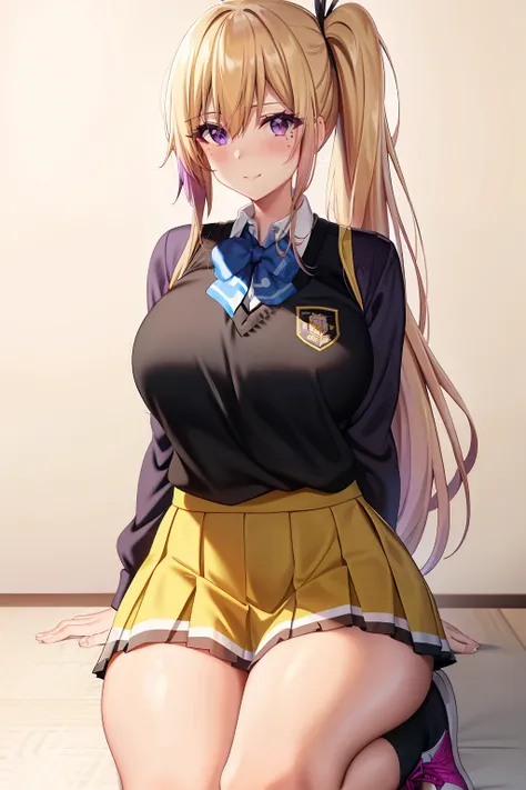kawakami_Mai, Blonde hair, Side ponytail, Purple eyes, Long hair, bangs, Gradient hair, dark mole,
Large breasts, school uniform, Black shirt, Yellow sweater vest, White pleated skirt, Sneakers, Black socks, (Masterpiece:1.0), (Best quality:1.0), (8K wal...