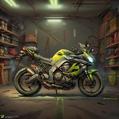 (kawasaki ninja 1000,(total view) ,mad max cogpunkai ,cores 64 k, (neon lime green),4d ,rota 66