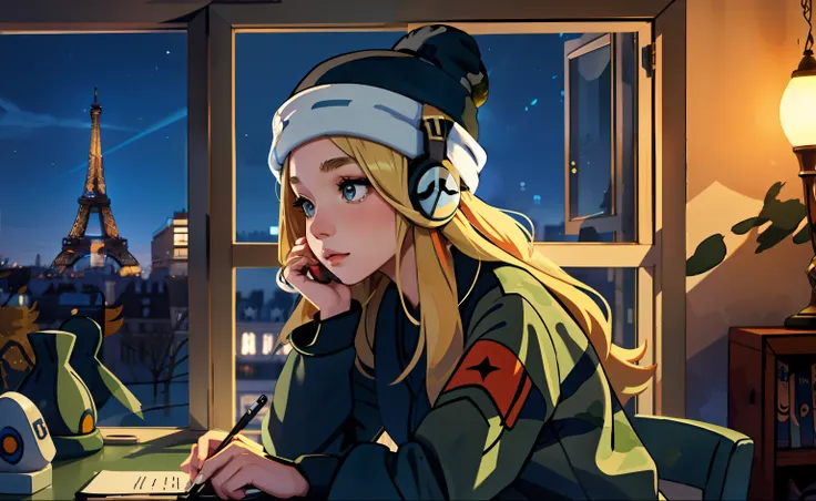 lofistudy, 1girl, writing, sideways, serene/(pokemon\), blonde hair, long hair, headphones, beanie, camouflage uniform, window, ...