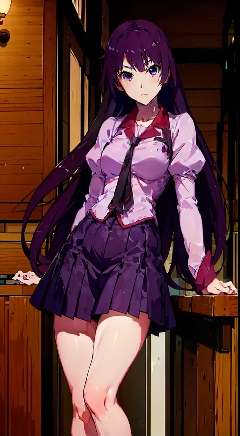 1girl in, senjougahara hitagi, 独奏, thighs thighs thighs thighs, skirt by the, The long-haired, naoetsu high school uniform, blue eyess, juliet sleeves, student clothes, Purple hair, The shirt, middlebreasts, Super long hair, Purple skirt, a miniskirt,,Bic...