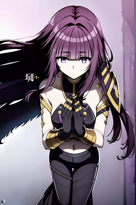 1girl, bangs, blunt_bangs, breasts, cover, c covered_navel, eyebrows_visible_through_hair, fake_cover, gloves, holding, long_hair, looking_at_viewer, medium_breasts, purple_eyes, purple_hair, solo, very_long_hair